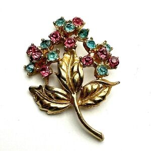 Vintage Floral Rhinestone Brooch Pink Teal Gold Tone Mid Century 1940s 50s